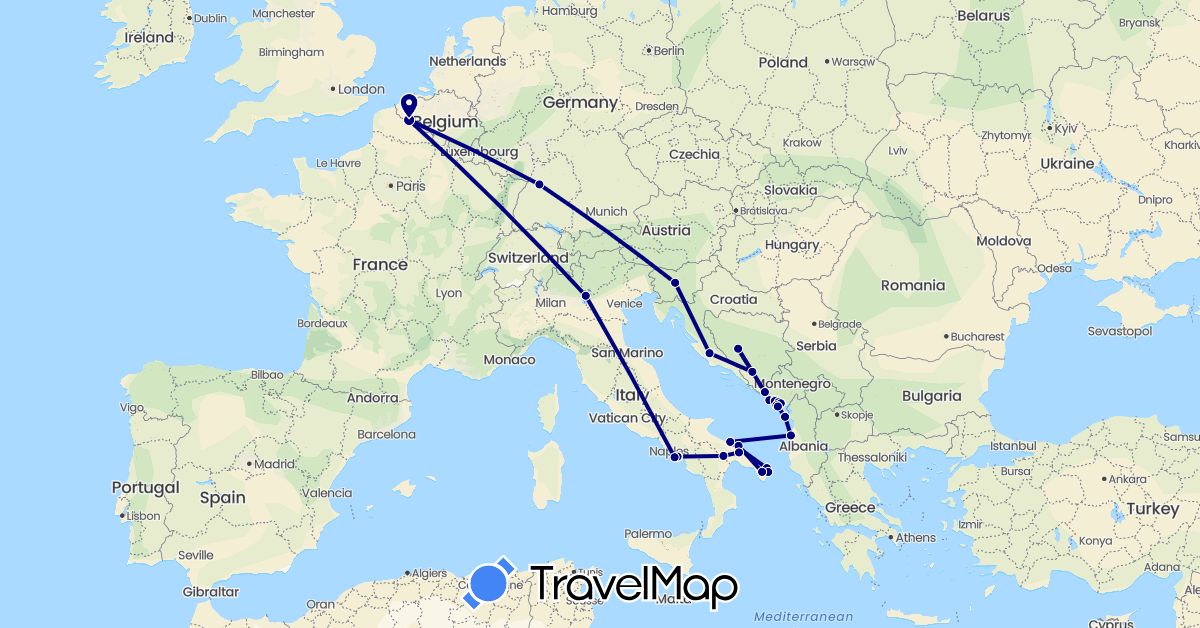 TravelMap itinerary: driving in Albania, Bosnia and Herzegovina, Germany, France, Croatia, Italy, Montenegro, Slovenia (Europe)